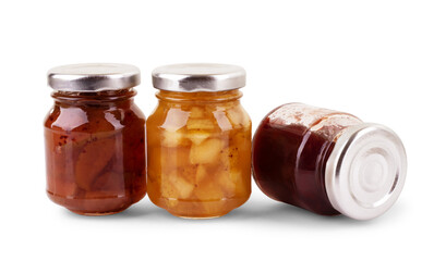 Jar of raspberry jam isolated on white