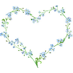 Watercolor heart wreath with forget me not flowers