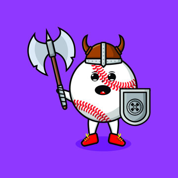 Cute cartoon character Baseball ball viking pirate with hat and holding ax and shield in modern design 