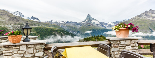 empty table in a cafe in the mountains.