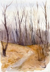 Autumn landscape with a grove and a path. Watercolor illustration. - 491871108
