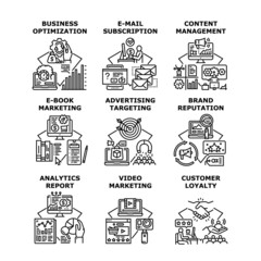 Marketing Business Set Icons Vector Illustrations. Video And E-book Marketing, E-mail Subscription And Content Management, Brand Reputation And Customer Loyalty Black Illustration