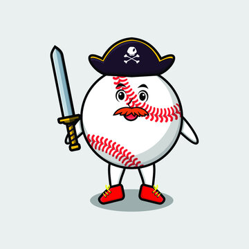 Cute cartoon mascot character baseball ball pirate with hat and holding sword in modern design for t shirt, sticker, logo element