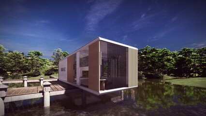 Fototapeta na wymiar waterfront house for vacation with modern architecture 3d illustration