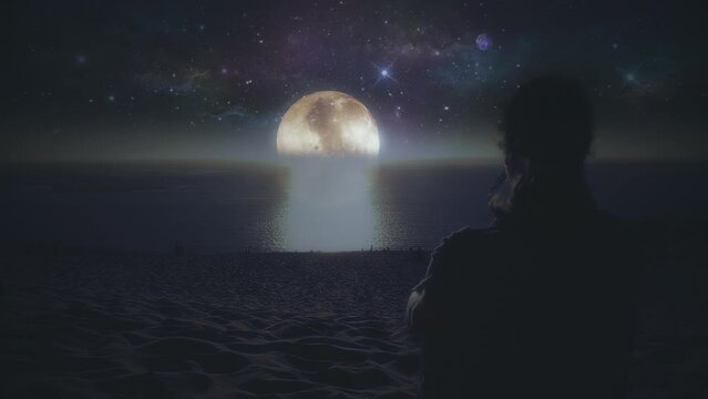 Woman Looking Moonrise In Ocean Sitting On Sand Dune, Another Planet Concept. silhouette of a woman sitting on a sand dune at night looking a moonrise in the ocean. Space galaxy in the sky
