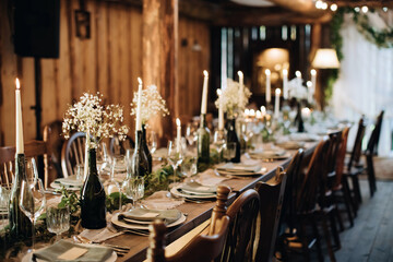 Decorating a wedding table for a holiday dinner with candles and flowers
