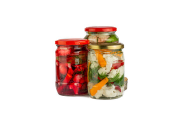 Cauliflower pickle with beetroot, marinated cauliflower pickles in jars on white  isolated background.