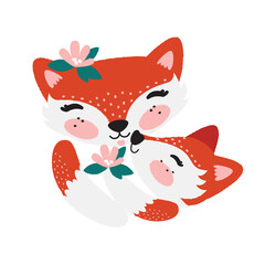 Cute fox and a fox cub. Mom and baby. For t-shirt, logo, greeting card, poster, invitation or print design for children. Vector flat illustration. Сartoon character. Isolated.