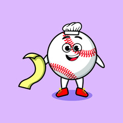 Cute cartoon baseball ball chef character with menu in hand