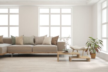 White living room with sofa. Scandinavian interior design. 3D illustration
