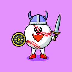 Cute cartoon character Baseball ball viking pirate with hat and holding sword and shield