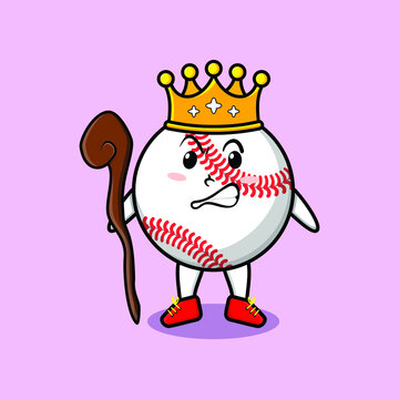 Cute cartoon baseball ball mascot as wise king with golden crown and wooden stick