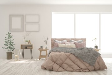 Soft color bedroom interior. Scandinavian design. 3D illustration