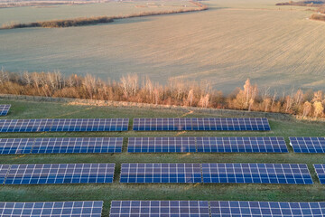 Aerial view of large sustainable electrical power plant with rows of solar photovoltaic panels for producing clean ecological electric energy. Renewable electricity with zero emission concept