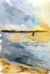 Summer landscape. Lake at sunset. Windsurfing. Watercolor illustration. - 491873549