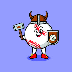 Obraz premium Cute cartoon character Baseball ball viking pirate with hat and holding hammer and shield