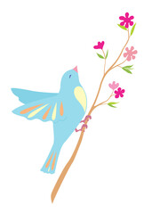 Singing spring bird on a branch with flowers. Flat vector design on white field. 