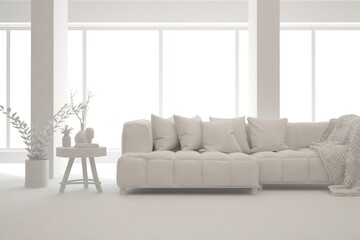 Mock up of stylish room in white color with sofa. Scandinavian interior design. 3D illustration