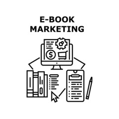 E-book Marketing Vector Icon Concept. Online Library Choosing And Buying In Internet Online And In Mobile Phone Application, E-book Marketing. Reading Digital Literature Black Illustration