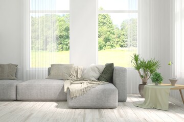 White living room with sofa and summer landscape in window. Scandinavian interior design. 3D illustration
