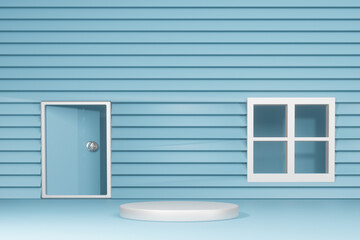 Geometrical abstract background Scenes house wall  windows and doors with podium scenes in light blue pastel color. 3d rendering 