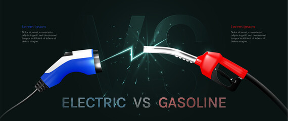 Concept of choice between electric and petrol car. Refueling pistols.