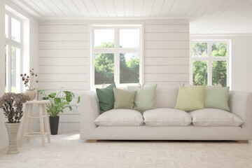 Minimalist living room in white color with sofa and summer landscape in window. Scandinavian interior design. 3D illustration