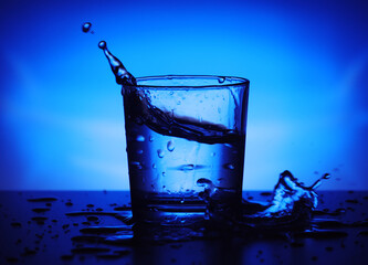 A glass with water at blue background