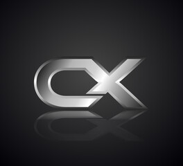 Modern Initial logo 2 letters Silver Metal Chrome simple in Dark Background with Shadow Reflection CX