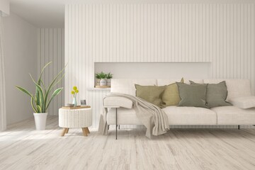 Idea of white minimalist room with sofa. Scandinavian interior design. 3D illustration