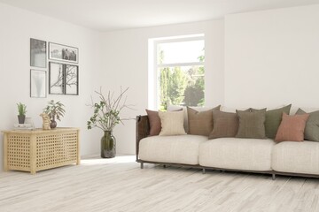 White living room with sofa. Scandinavian interior design. 3D illustration