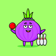 Cute cartoon onion character playing bowling in 3d modern style design for t-shirt, sticker, logo elements
