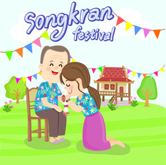 Cartoon cute family in Songkran Festival.