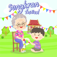 Fototapeta na wymiar Cartoon cute family in Songkran Festival.