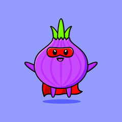 Cute onion superhero character flaying illustration cartoon vector in concept 3d modern style design