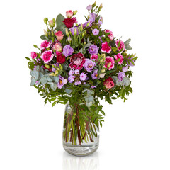 bouquet of flowers in a glass vase  isolated on white background with clipping path