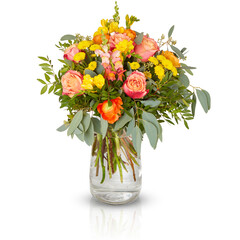 bouquet of flowers in a glass vase  isolated on white background with clipping path