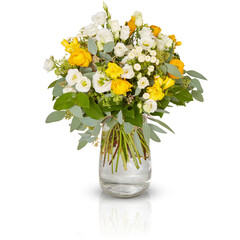 bouquet of flowers in a glass vase  isolated on white background with clipping path