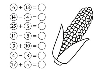 Children's math game, subtraction and addition of numbers. Corn coloring page. Mini task, write the answer in the empty circle. Preschool education. Vector illustration in cartoon style.