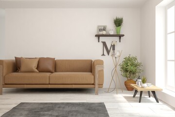 White living room with sofa. Scandinavian interior design. 3D illustration