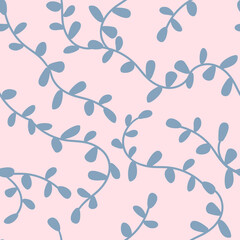 Seamless pattern with blue branches on a pale pink background.