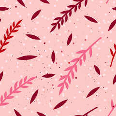 Fototapeta na wymiar Seamless square pattern with leaves, twigs and dots on a pink background.