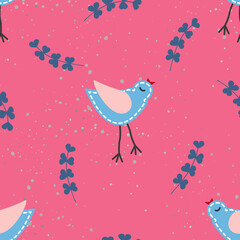 Seamless square pattern with cartoon chicken, twigs and dots on a pink background.