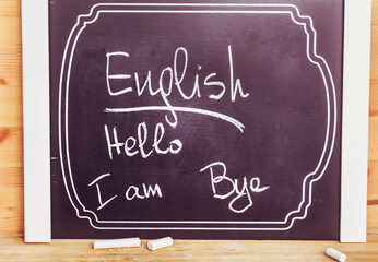 Learning English Language  Education Concept with Chalk Board and the phrase Hello, I am ,Bye 