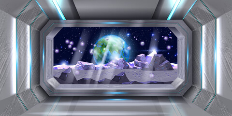 Space ship window, vector shuttle cockpit view, alien planet background, game spacecraft station. Futuristic Moon base corridor, Earth globe, starship hallway, sci-fi banner. Shuttle window scene