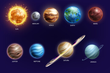 Solar system planet set, vector galaxy space planetary illustration, Sun, Earth, Mars, Mercury, Neptune. 3D astrology cosmos icon kit, science realistic background, Venus, Saturn, Uranus. Solar system