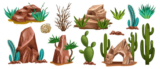 Desert rock set, vector canyon stone kit, wild west plants, environment nature objects, cactus, agave. Mountain solid boulder, cliff formation, landscape elements, succulent. Desert rock game clipart