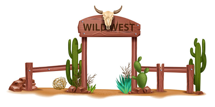 Wild west vector background, vintage rustic park entrance, western wooden sign board, cactus, fence. Game nature Mexican landscape, stone, tumble-weed, timber plank. Wild west environment clipart