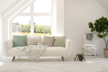 Stylish room in white color with sofa and summer landscape in window. Scandinavian interior design. 3D illustration