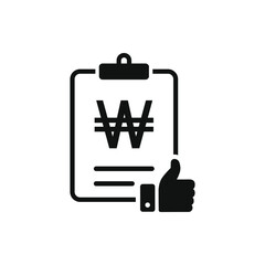 Korean won money checklist with a thumbs up. Good financial report, tax form, income statement icon concept isolated on white background. Vector illustration